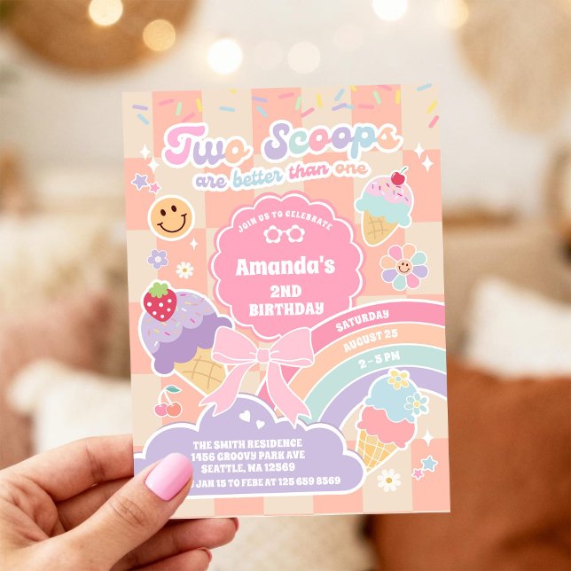 Invitación Helado de Dos Cucharadas Groovy Daisy 2do Cumpleañ (Subido por el creador)