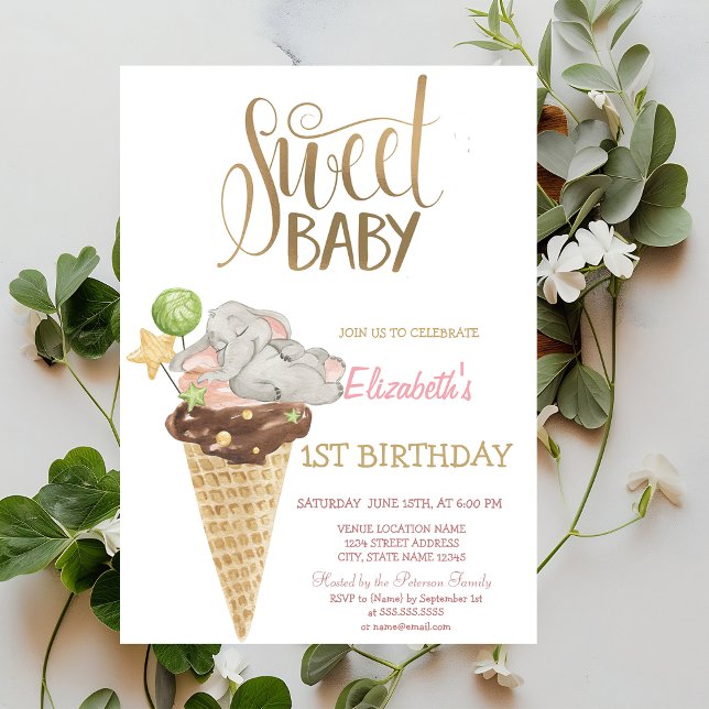 Invitación Helado de Elefante Bebé Cumpleaños Rayado (Subido por el creador)