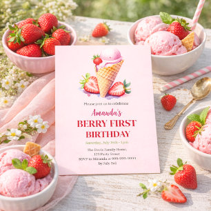 Invitación Helado de fresa primer cumpleaños berry primero