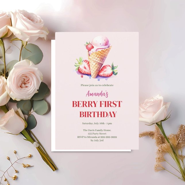 Invitación Helado de fresa primer cumpleaños berry primero (Subido por el creador)