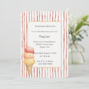 Invitación Helado De Gelato Con Rayas Rojas Cumpleaños