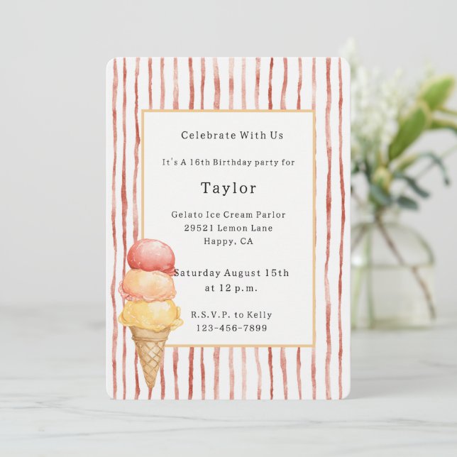 Invitación Helado De Gelato Con Rayas Rojas Cumpleaños (Anverso de pie)