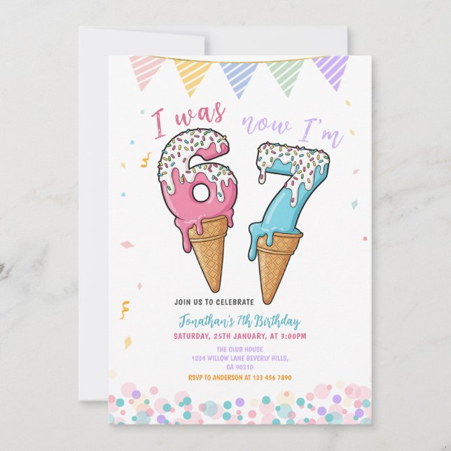 Invitación Helado De Pastel Cumpleaños Seis Siete Brillo Fies (Anverso)
