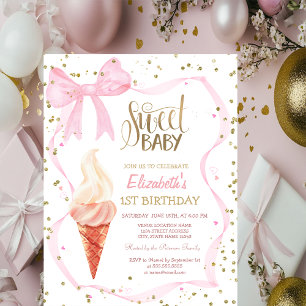 Invitación Helado Diamantes Lazo Rosa Rayado Cumpleaños 