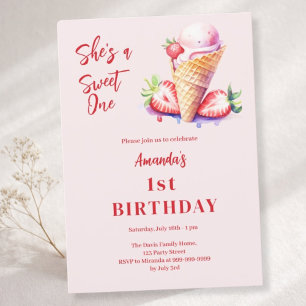 Invitación Helado dulce de fresa 1 cumpleaños