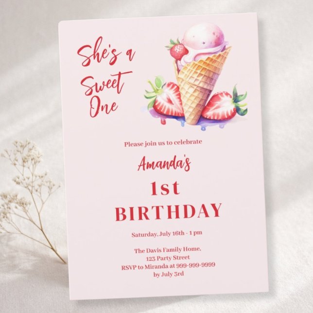 Invitación Helado dulce de fresa 1 cumpleaños (Subido por el creador)