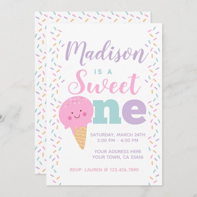 Invitación Helado, dulce, primer cumpleaños (Anverso / Reverso)