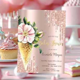 Invitación Helado Flor Rosa Dorado Dulces Baby Shower