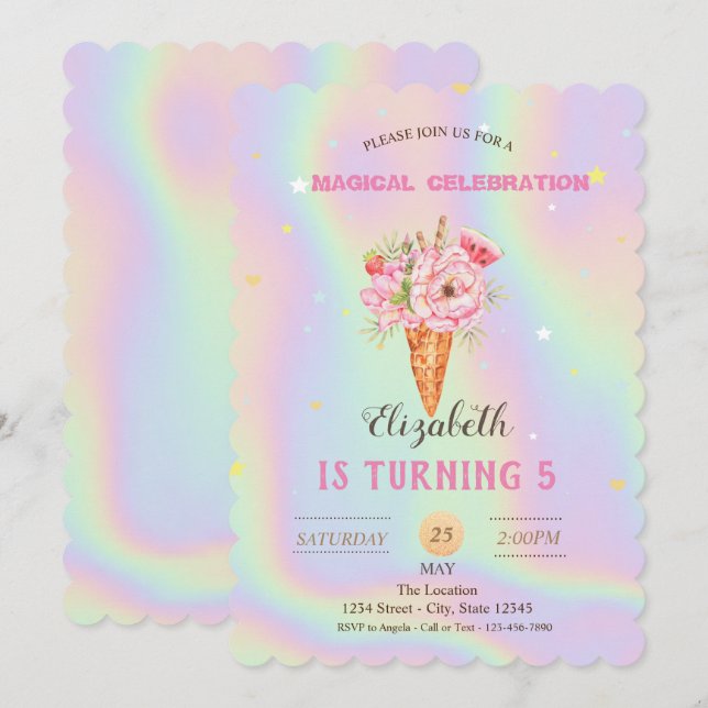 Invitación Helado Floral Cumpleaños Holográfico (Anverso / Reverso)