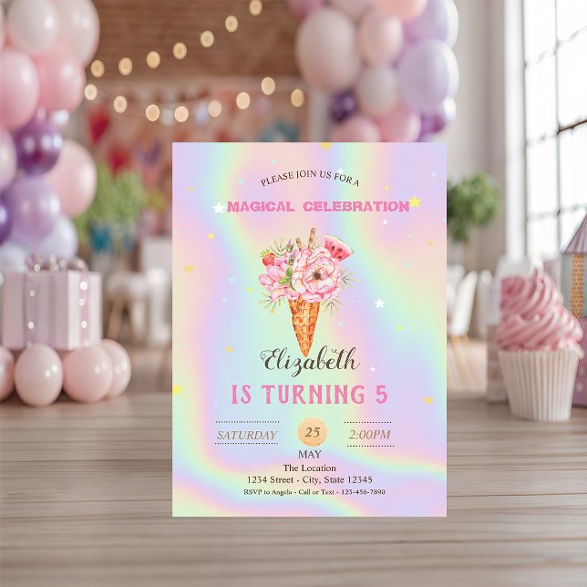 Invitación Helado Floral Cumpleaños Holográfico (Subido por el creador)