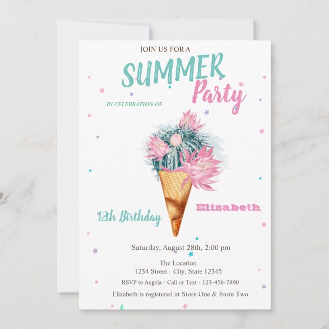 Invitación Helado Flores de Cactus Cumpleaños de Verano Fiest (Anverso)