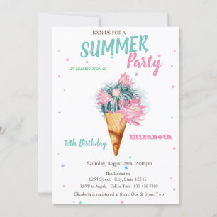 Invitación Helado Flores de Cactus Cumpleaños de Verano Fiest