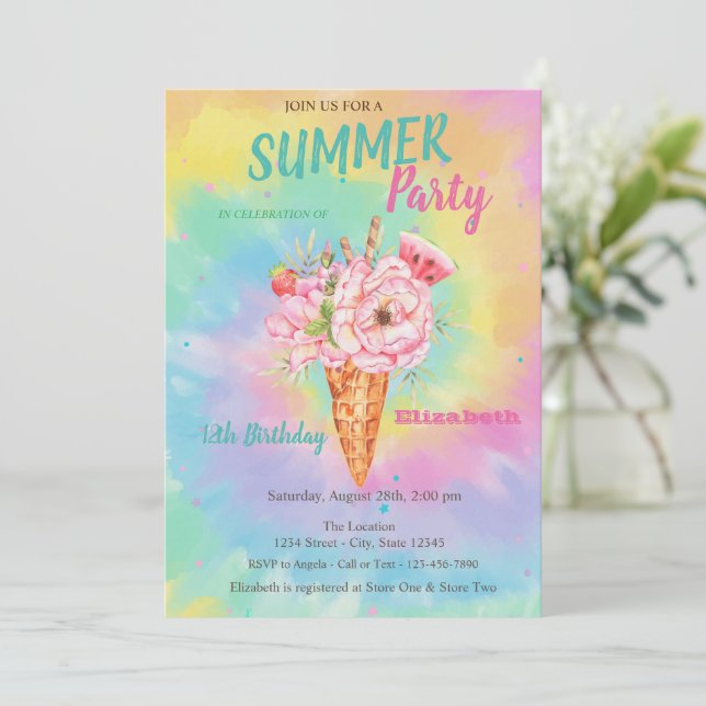 Invitación Helado Flores Frutas Verano Tye Dye Cumpleaños  (Anverso de pie)