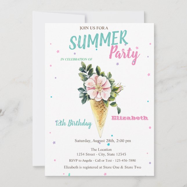 Invitación Helado Flores Verano Cumpleaños (Anverso)