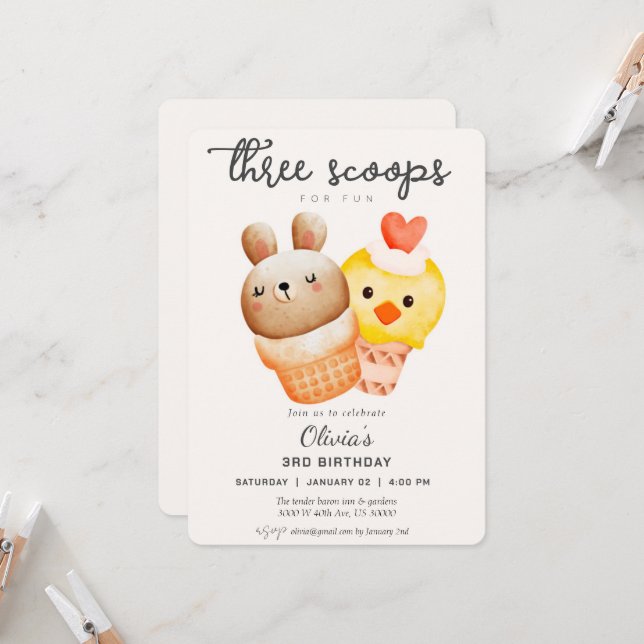 Invitación Helado lindo de tercer cumpleaños (Anverso/Reverso In Situ)