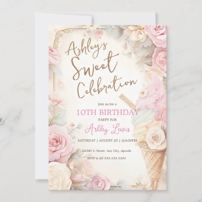 Invitación helado rosa de helado de cosecha, helado rosa de R (Anverso)