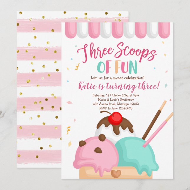 Invitación Helado rosa tres cucharadas de divertido cumpleaño (Anverso / Reverso)