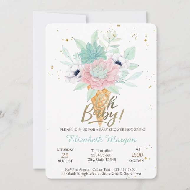Invitación Helado Suculentas Oh Bebé Cumpleaños de Verano par (Anverso)