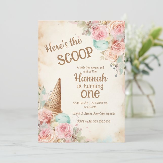Invitación Helado vintage m, flores y helado (Anverso de pie)