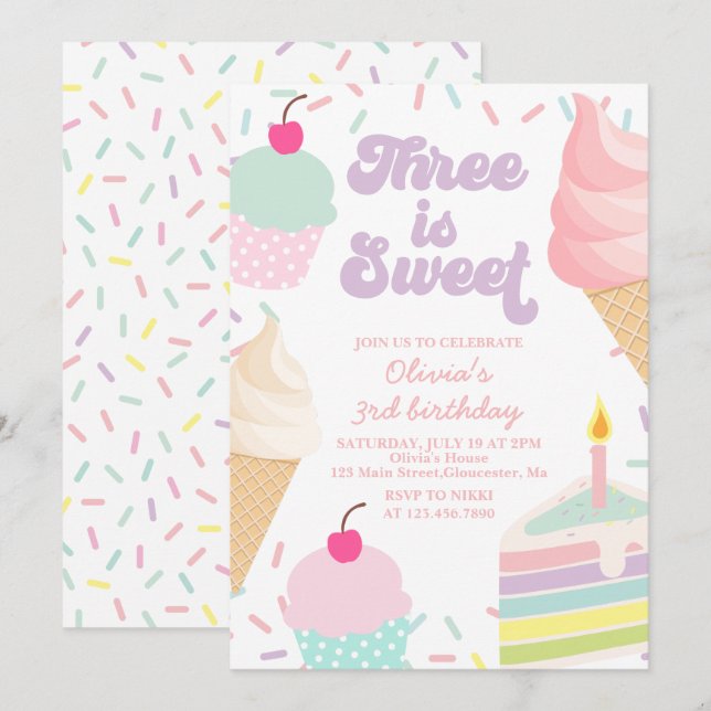 Invitación Helado y Tarta Cumpleaños 3 (Anverso / Reverso)