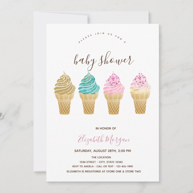 Invitación Helados Baby Shower rayado rosado (Anverso)