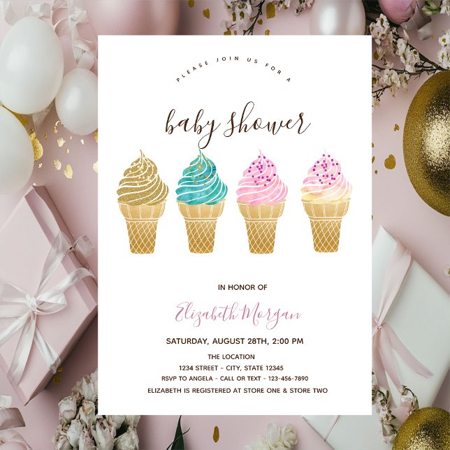 Invitación Helados Baby Shower rayado rosado (Subido por el creador)
