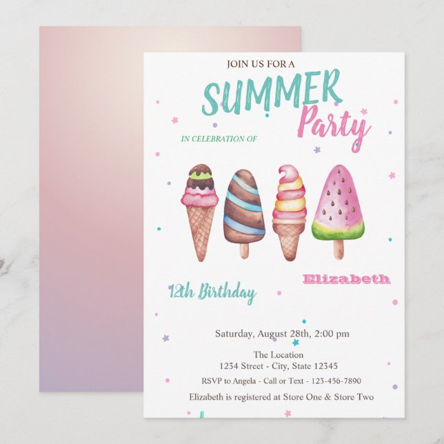Invitación Helados de acuarela Fiesta de cumpleaños de verano (Anverso / Reverso)