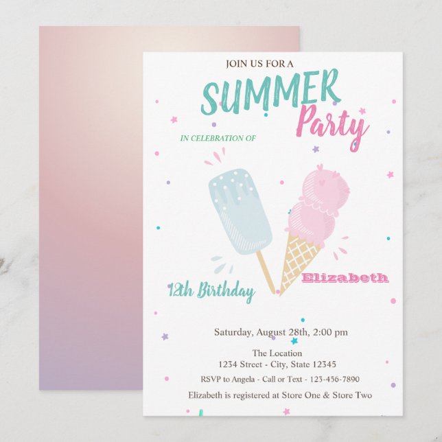 Invitación Helados de acuarela frescos Fiesta de cumpleaños d (Anverso / Reverso)