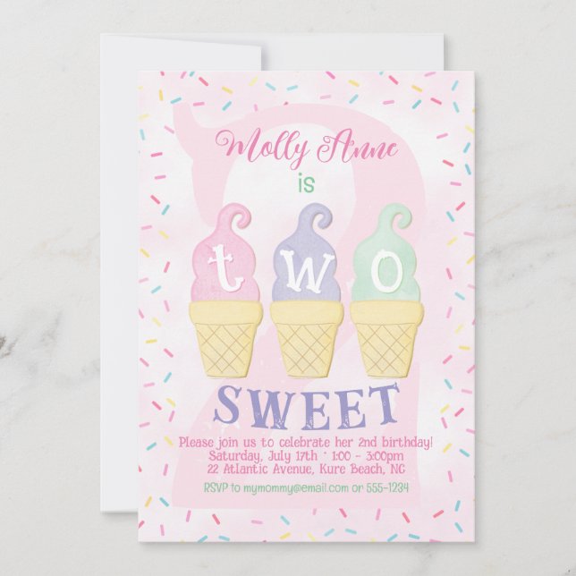 Invitación Helados de Crema Rocian Pastel Rosa Segundo Cumple (Anverso)