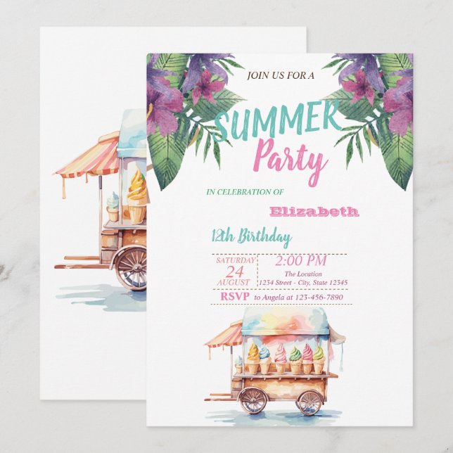 Invitación Helados De Flores De Hoja De Palma Fiesta De Cumpl (Anverso / Reverso)