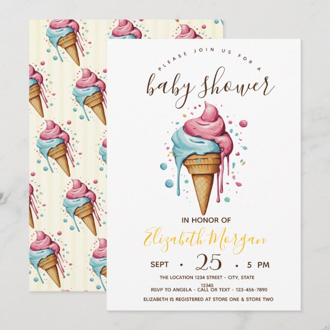 Invitación Helados de goteo,Baby Shower de franjas amarillas (Anverso / Reverso)