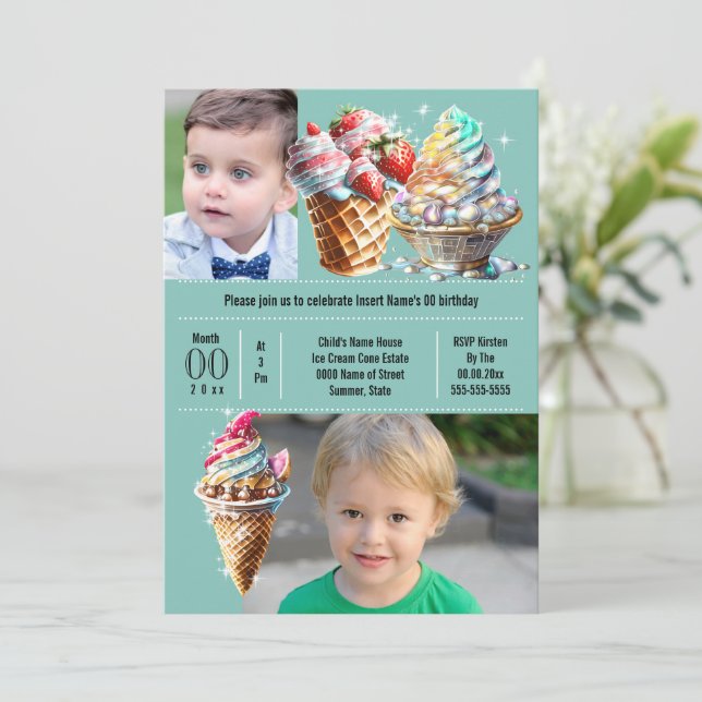 Invitación Helados de verano caramelo DIY foto niños azul (Anverso de pie)