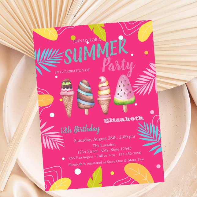 Invitación Helados Hojas Tropicales Cumpleaños Rosa (Subido por el creador)