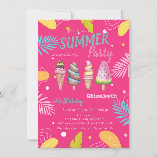 Invitación Helados Hojas Tropicales Cumpleaños Rosa (Anverso)