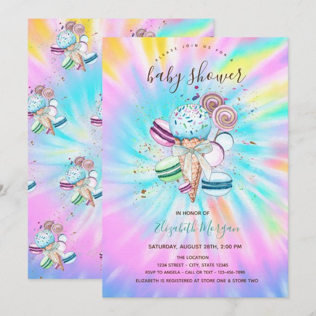 Invitación Helados Macarrones Corbata de Verano para Baby Sho (Anverso / Reverso)