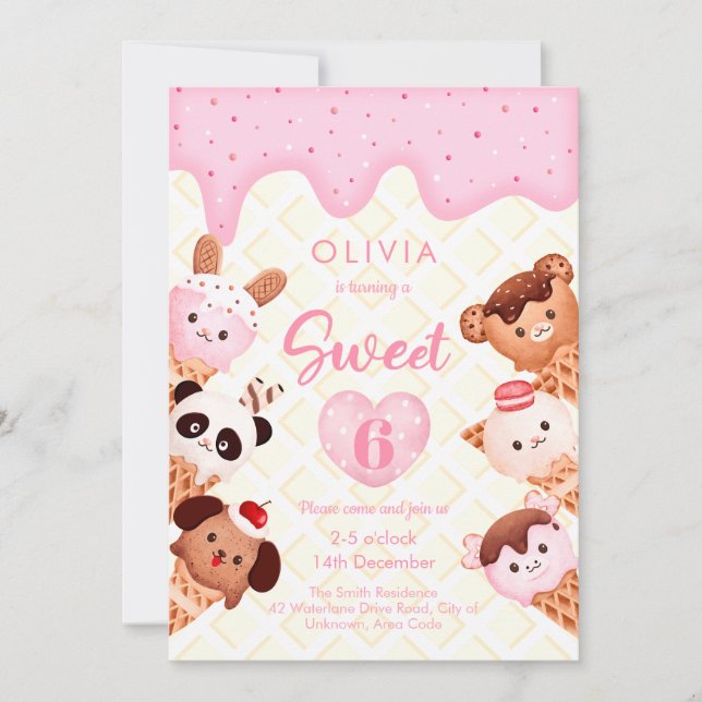 Invitación Helados y dulces Chica rosa Niños Cumpleaños (Anverso)