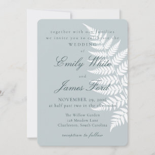 Invitación Helecho Blanco Azul Helado 5x7 Boda Botánica