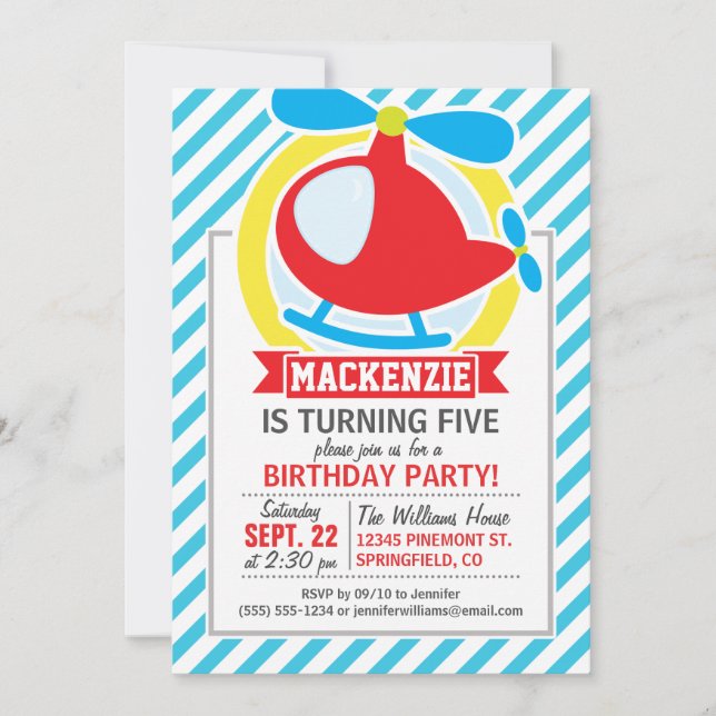 Invitación Helicóptero Cute; franjas azules y blancas (Anverso)