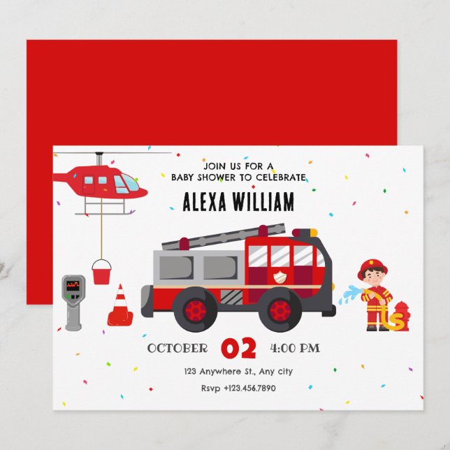 Invitación Helicóptero de camión de bomberos ducha de bebé (Anverso / Reverso)