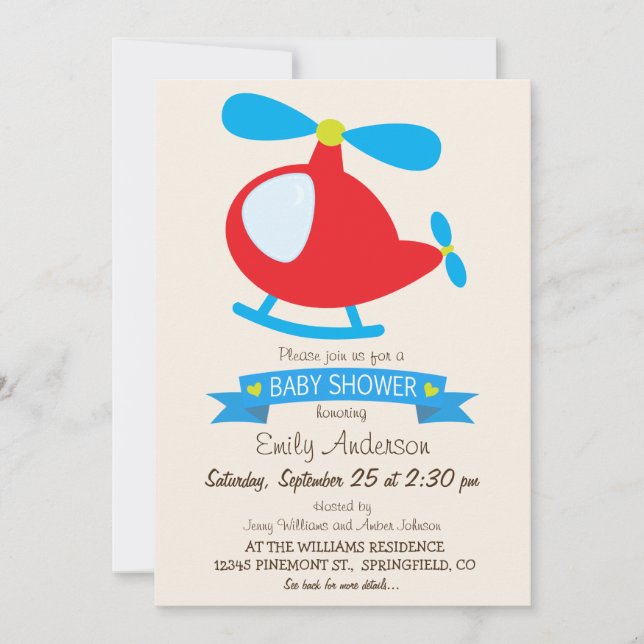 Invitación Helicóptero de juguete rojo y azul Baby Shower (Anverso)