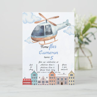 Invitación Helicóptero de la ciudad de la acuarela azul Cumpl