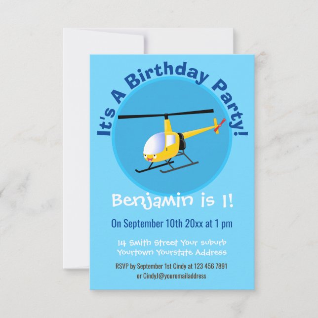 Invitación Helicóptero de personalizado alegre amarillo lindo (Anverso)