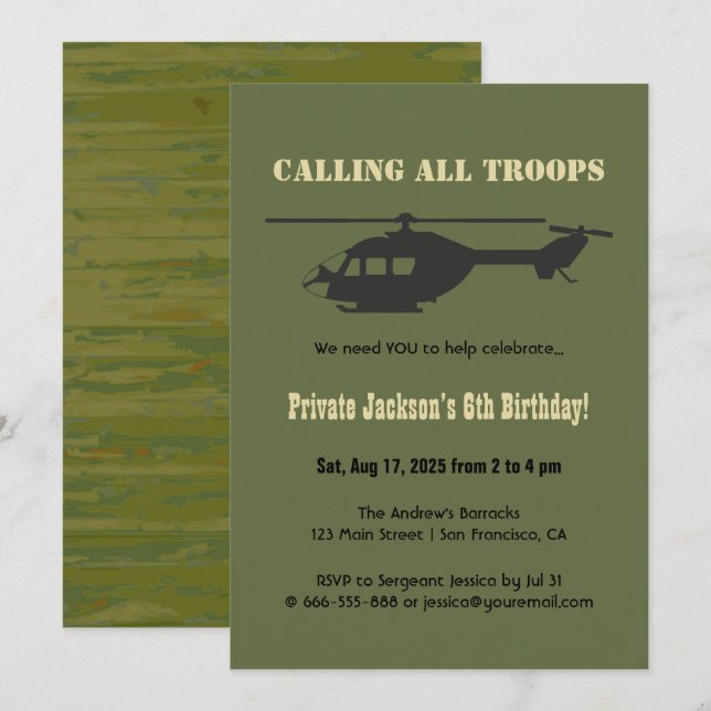Invitación Helicópteros Militares/Militares Niños Fiesta de c (Anverso / Reverso)