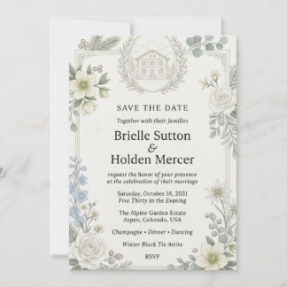 Invitación Helleboros Blancos, Rosas, Delphinium Azul, Edelwe