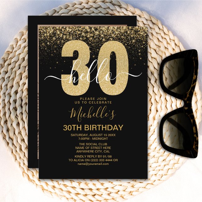 Invitación Hello 30! modern 30th birthday with gold glitter (Subido por el creador)