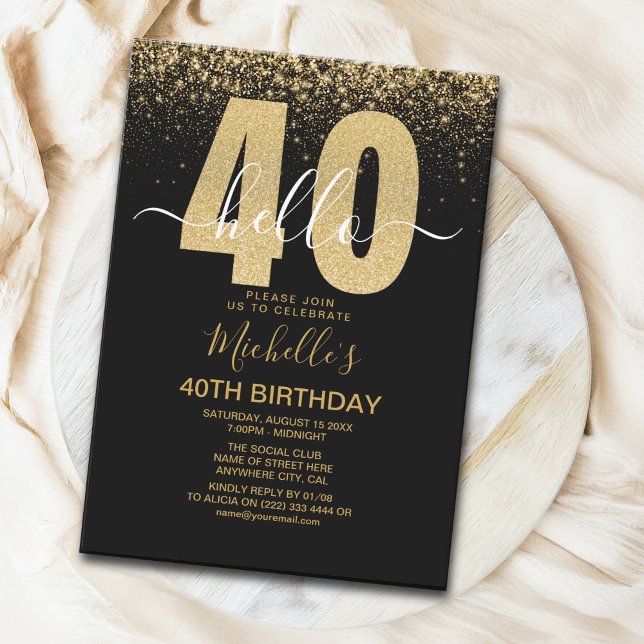 Invitación Hello 40! modern 40th birthday with gold glitter (Subido por el creador)