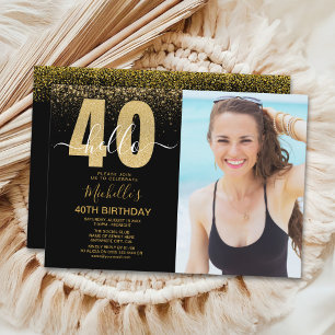 Invitación Hello 40 years - Golden glitter with photo