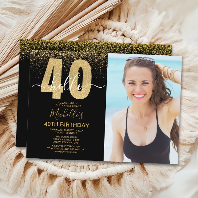 Invitación Hello 40 years - Golden glitter  with photo  (Subido por el creador)
