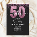Invitación Hello 50 - Modern 50th birthday Women's<br><div class="desc">Hello 50! Invite your friends and family to celebrate the 50th birthday with this modern design. The design features a black background, the numbers thirty in faux pink glitter, with an elegant pink glitter background, elegant calligraphy script, a modern birthday template that's easy to personalize, and the option to add...</div>