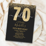 Invitación Hello 70! modern 70th birthday with gold glitter<br><div class="desc">Hello 70! Invite your friends and family to celebrate the 70th birthday with this modern design. The design features a black background, the numbers thirty in faux gold glitter, with an elegant glitter gold background, elegant calligraphy, a modern birthday template that is easy to customize, and the option to add...</div>